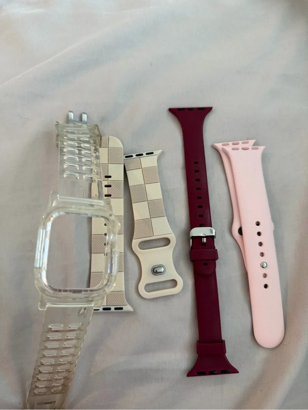 Silicone Apple Watch Bands Pack - Pink, Cream Check, and Burgundy